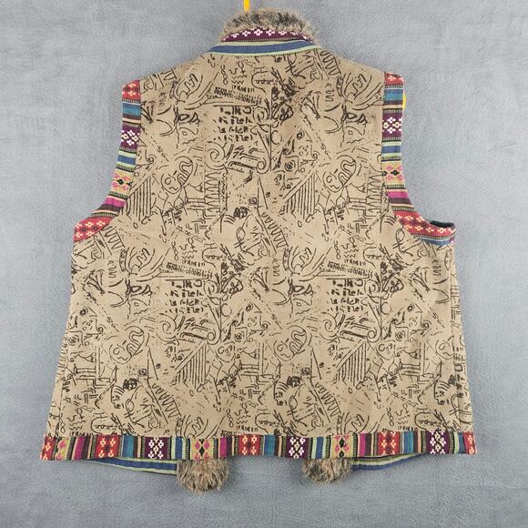 Chico’s Boho Faux Fur Southwestern Vest L  Rustic Tribal Print Festival - Picture 2 of 7